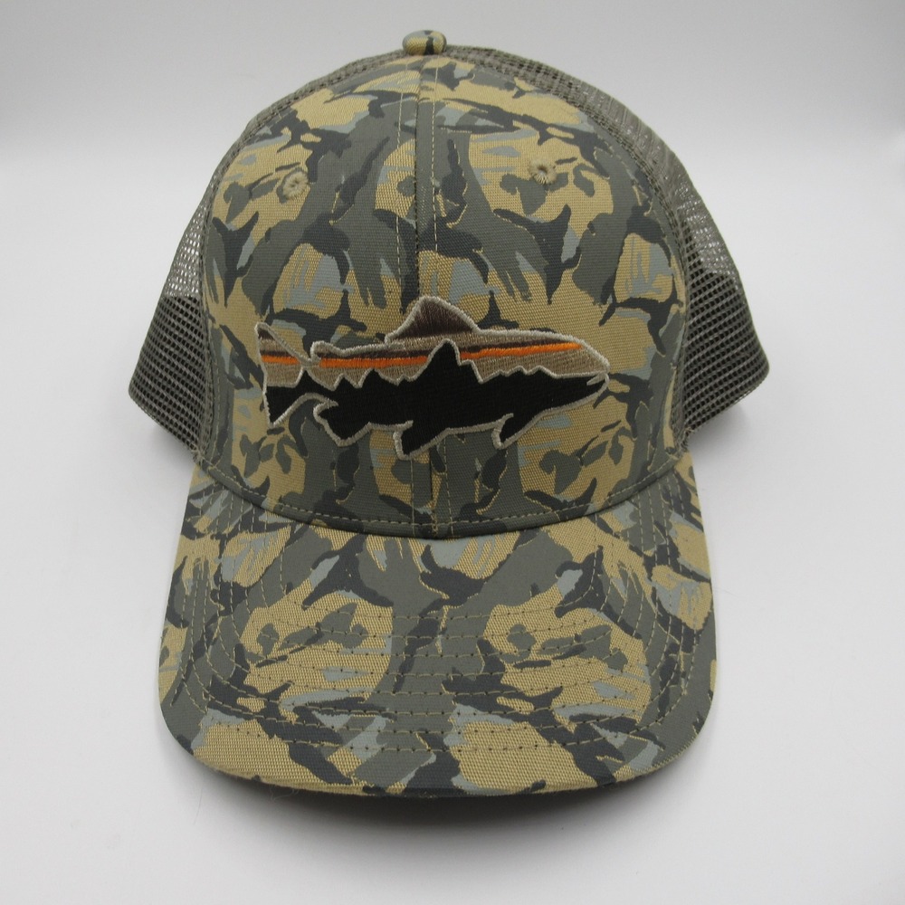 Patagonia Trucker Hat Mens OS Green Camo Trout Logo Mesh Back Snapback